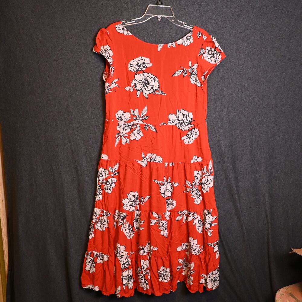 Free People Women's S Rita Tiered Midi Dress Red Floral Scoop Back Boho Artsy